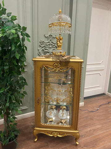 Aswan Vintage Style Ornate Mini Display Cabinet with Marble Top - 2 Shelves