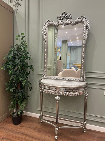Crown Silver Half Moon Baroque Rococo French Vintage Console Table & Mirror