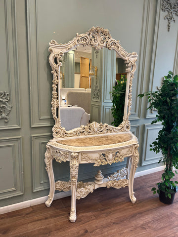 Agatha Baroque Rococo French Vintage Console Table & Mirror Cream - Hallway