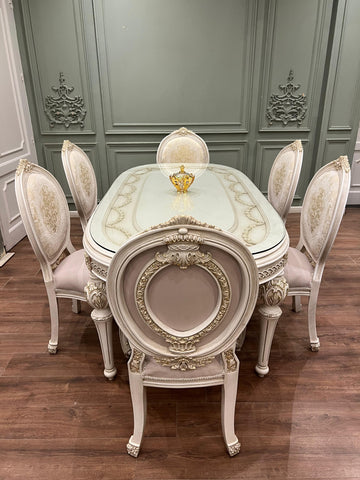 Alma Luxury Cream & Gold 6 Chair Ornate Oval Dining Table Set
