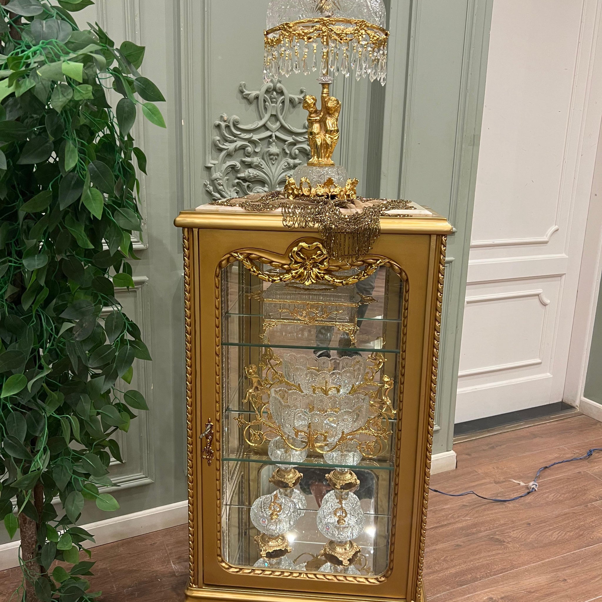 Aswan Vintage Style Ornate Mini Display Cabinet with Marble Top - 2 Shelves
